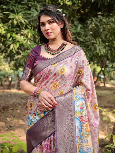 Pastel Beige Tussar Silk Saree with Vibrant Floral Motifs and Zari Border