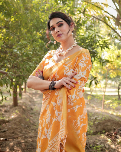 Sunshine Yellow Tussar Silk Saree with White Floral Motifs, Lustrous Zari Border, and Graceful Tassel Pallu
