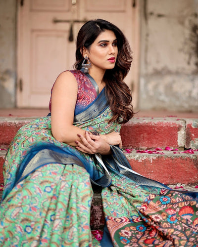Majestic Blue and Green Digital Print Saree with Intricate Floral Motifs and Contrasting Pallu