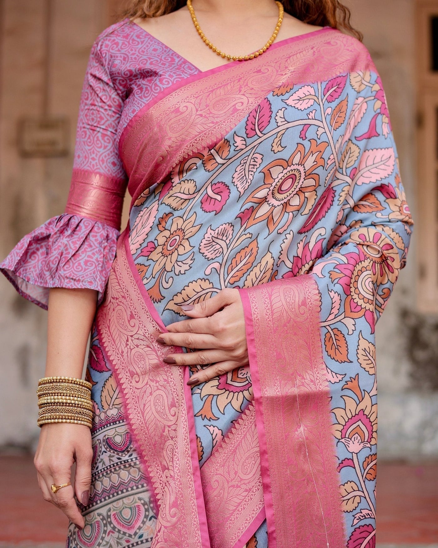 Graceful Grey Tussar Silk Saree with Pink Zari Border and Intricate Floral Motifs