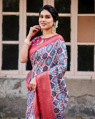 White and Red Tussar Silk Saree with Vibrant Floral Geometric Motifs and Ornamental Zari Border