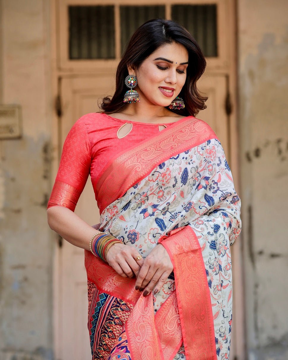 Ivory Tussar Silk Saree with Coral Zari Border and Intricate Floral Motifs