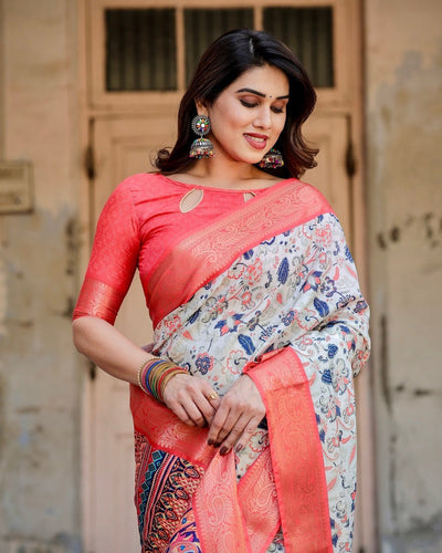 Ivory Tussar Silk Saree with Coral Zari Border and Intricate Floral Motifs