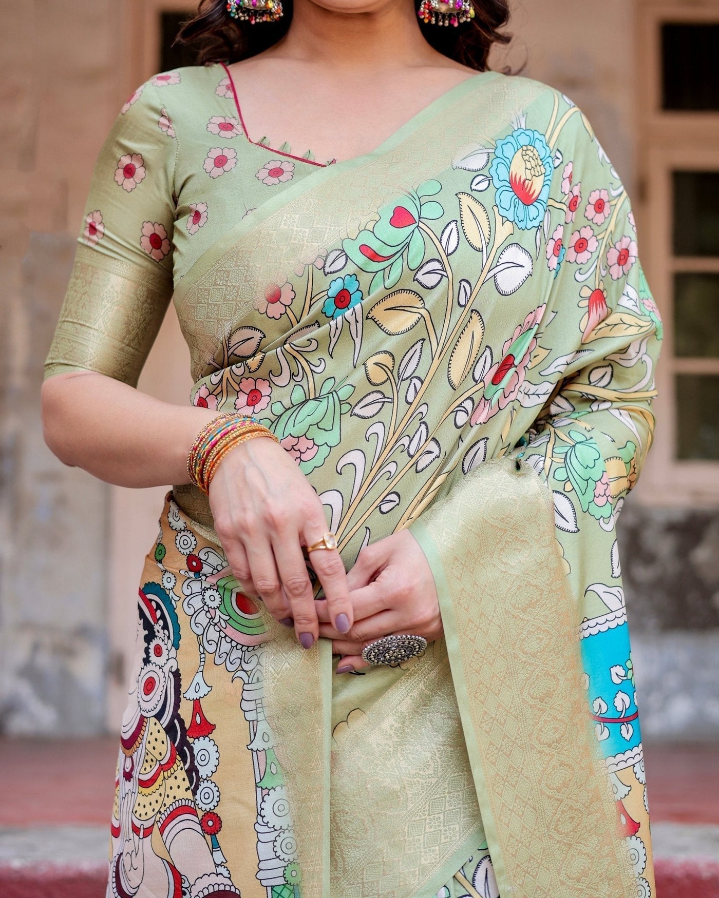 Pastel Green Tussar Silk Saree with Mythological Kalamkari Pallu and Zari Border