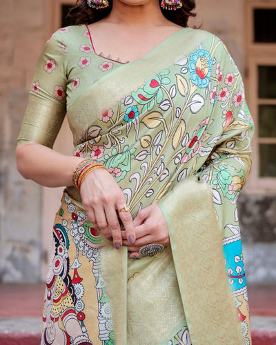 Pastel Green Tussar Silk Saree with Mythological Kalamkari Pallu and Zari Border