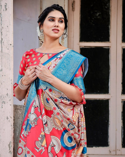 Beige and Red Tussar Silk Saree with Divine Motifs and Floral Zari Border