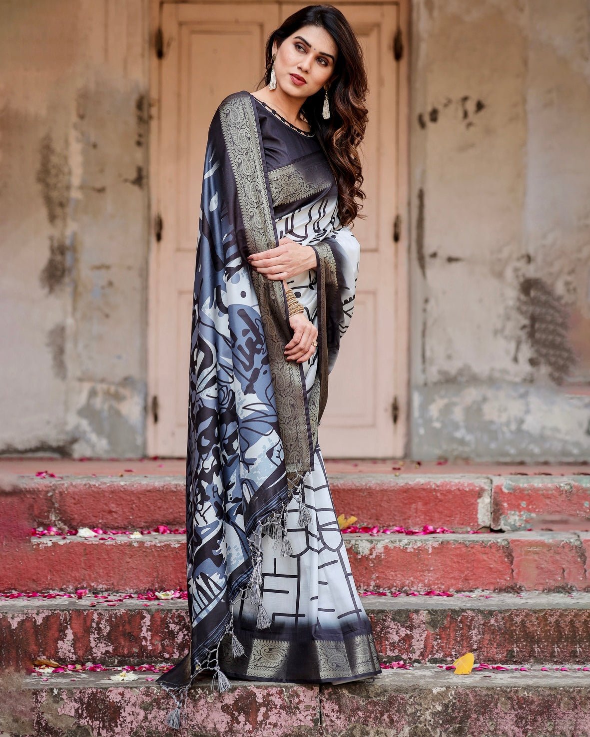 Monochrome Abstract Tussar Silk Saree with Charcoal Gray Zari Border