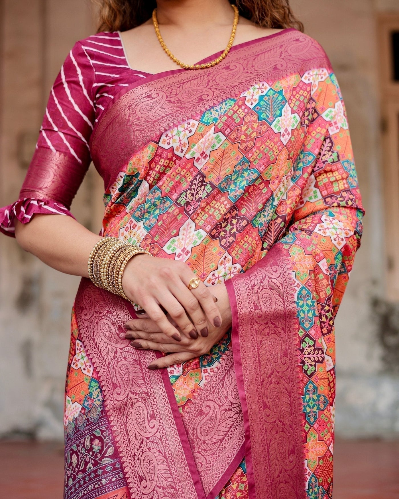 Maroon Tussar Silk Saree with Vibrant Geometric Tile Print and Zari Paisley Border