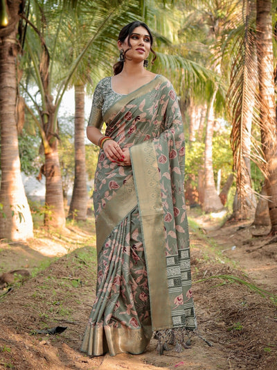 Graceful Olive Green Tussar Silk Saree with Intricate Beige and Maroon Botanical Print and Zari Border