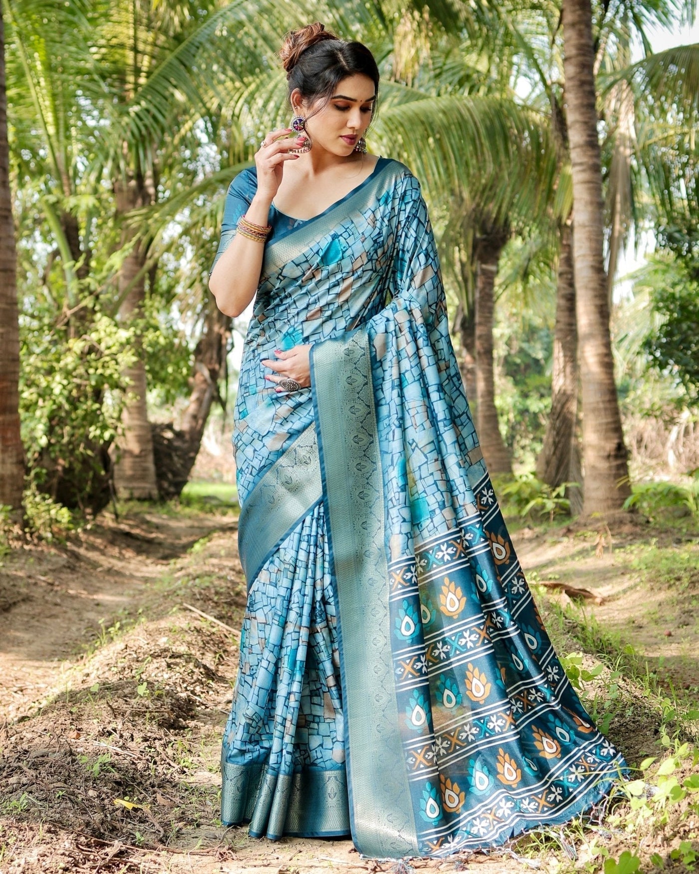 Mesmerizing Blue Tussar Silk Saree with Golden Zari Border and Mosaic-Inspired Pallu Design