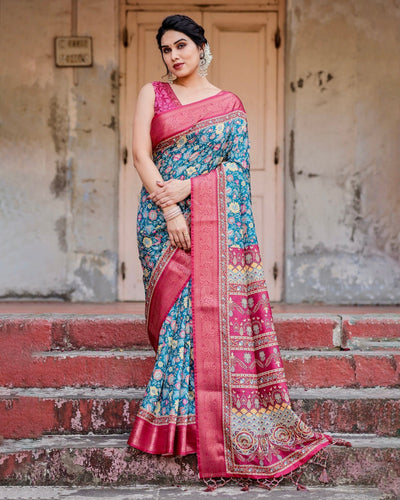 Teal Blue and Coral Tussar Silk Saree with Vibrant Floral Motifs and Ornamental Pallu