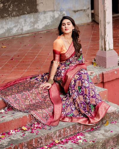 Wine Purple Tussar Silk Saree with Ikat-Inspired Patterns and Rich Zari Border