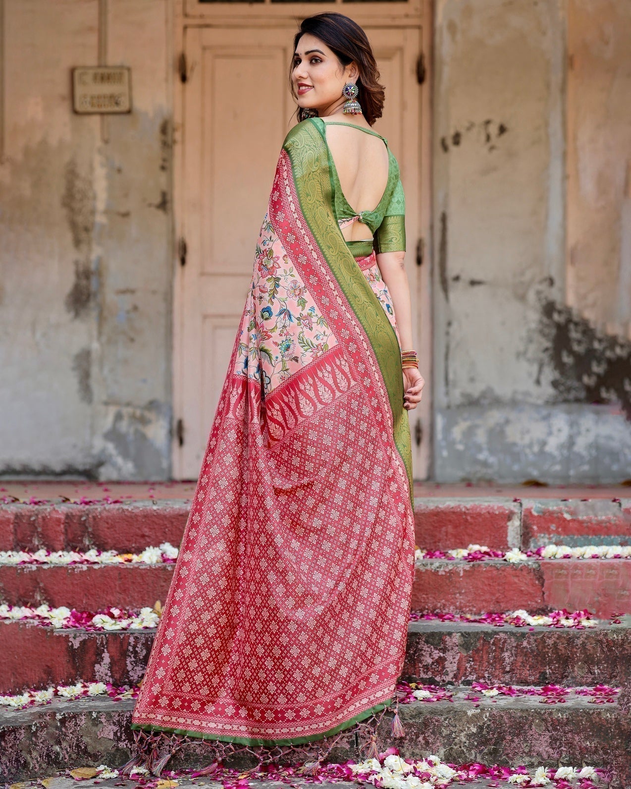 Blush Pink and Green Tussar Silk Saree with Floral Prints and Intricate Zari Work