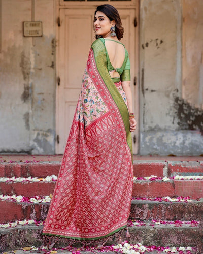Blush Pink and Green Tussar Silk Saree with Floral Prints and Intricate Zari Work
