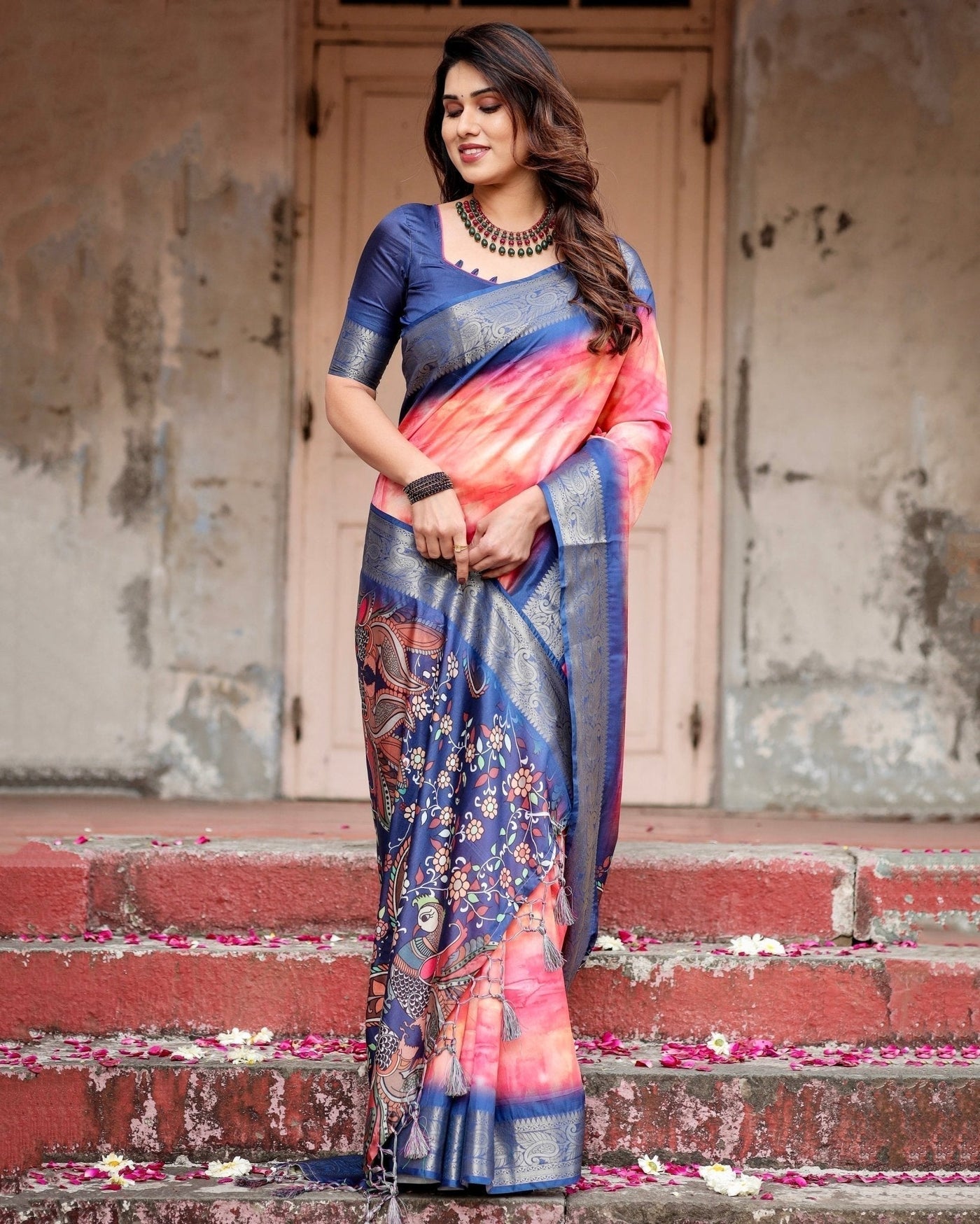 Pink and Blue Digital Printed Saree with Peacock Motif and Tassel Detail