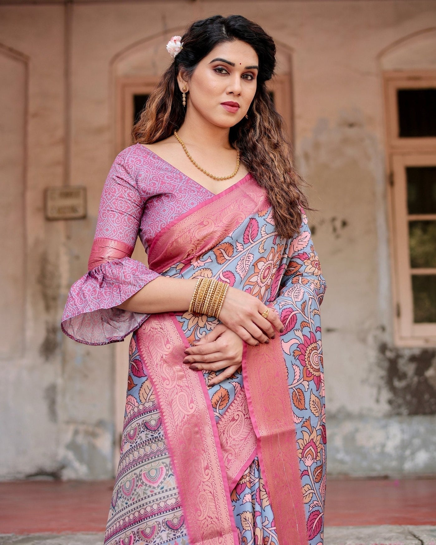 Graceful Grey Tussar Silk Saree with Pink Zari Border and Intricate Floral Motifs