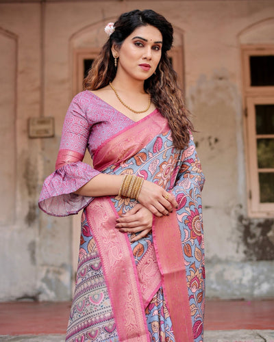 Graceful Grey Tussar Silk Saree with Pink Zari Border and Intricate Floral Motifs