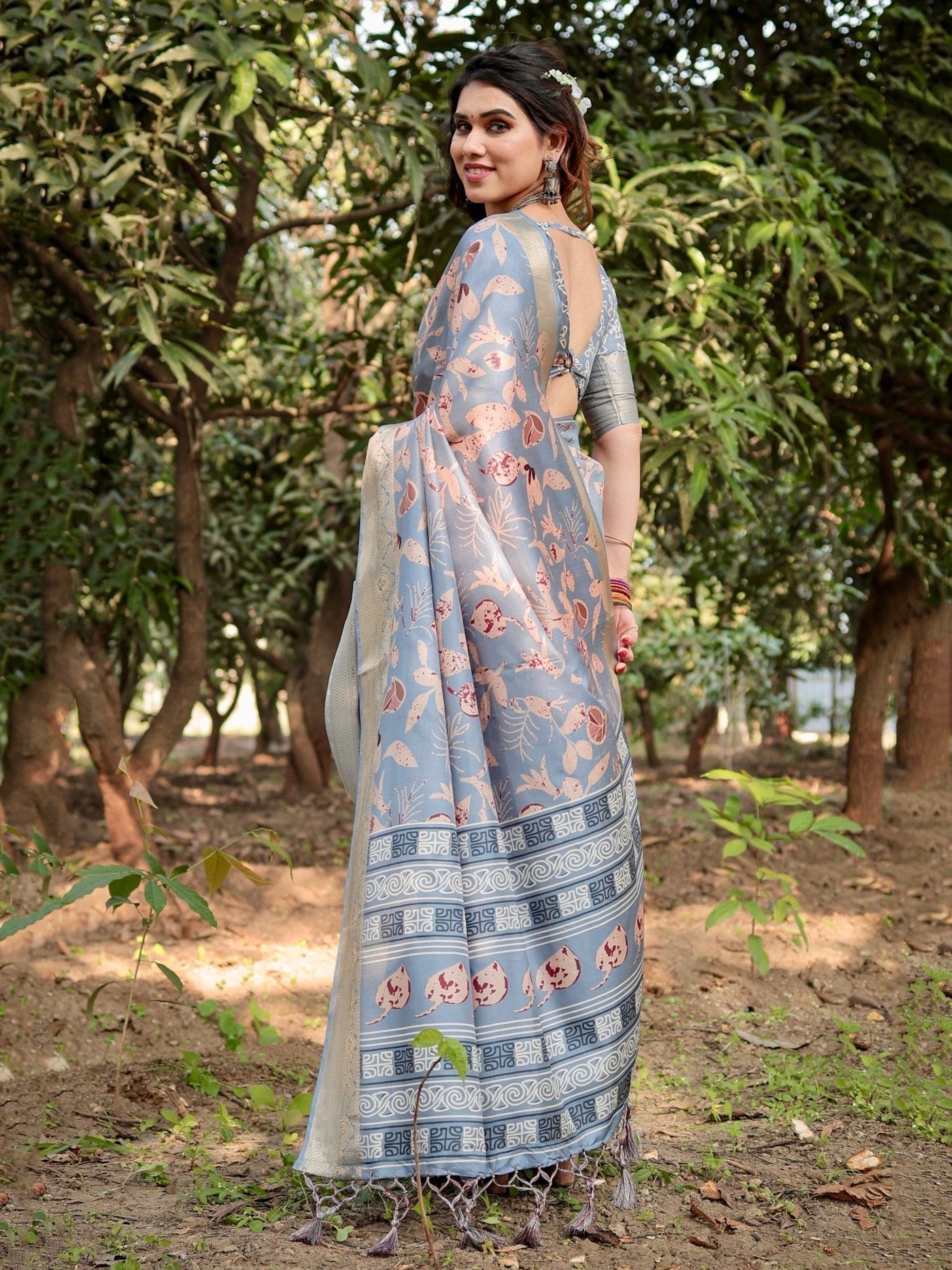 Stylish Sky Blue Tussar Silk Saree with Beige and Gold Zari Work and Contemporary Pallu Design
