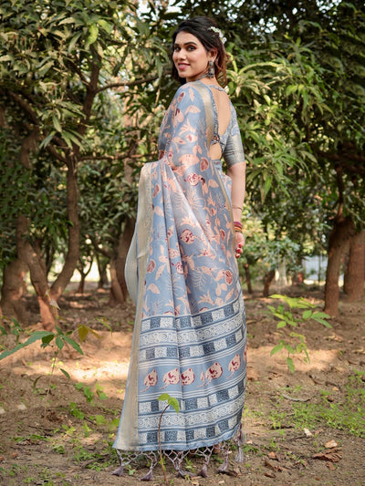 Stylish Sky Blue Tussar Silk Saree with Beige and Gold Zari Work and Contemporary Pallu Design