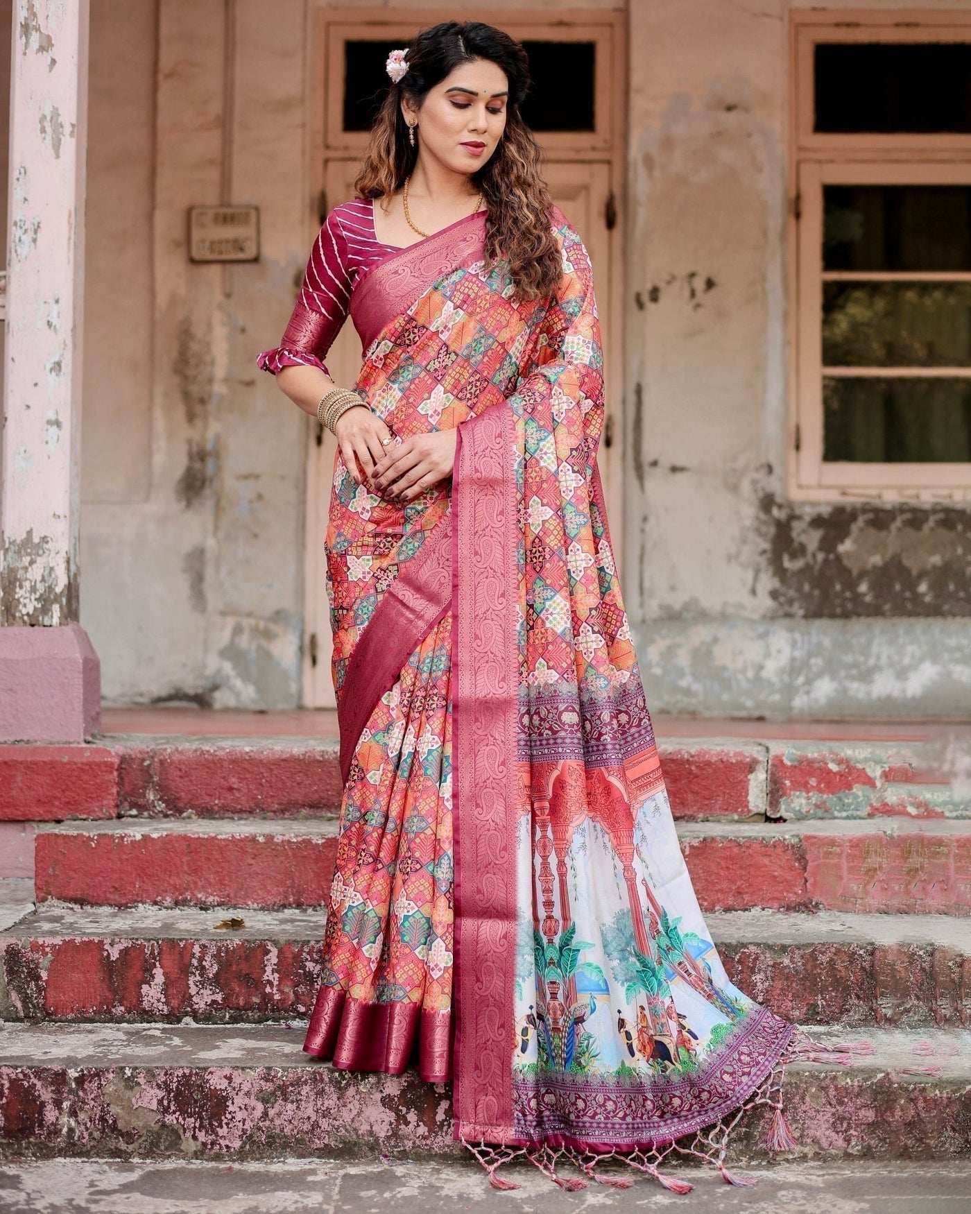 Maroon Tussar Silk Saree with Vibrant Geometric Tile Print and Zari Paisley Border