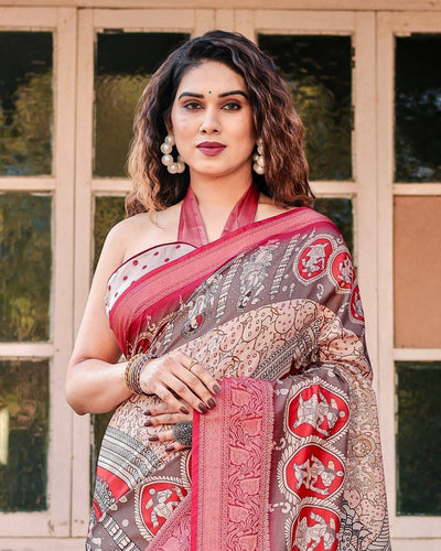 Beige and Red Tussar Silk Saree with Traditional Motifs and Ornamental Zari Border
