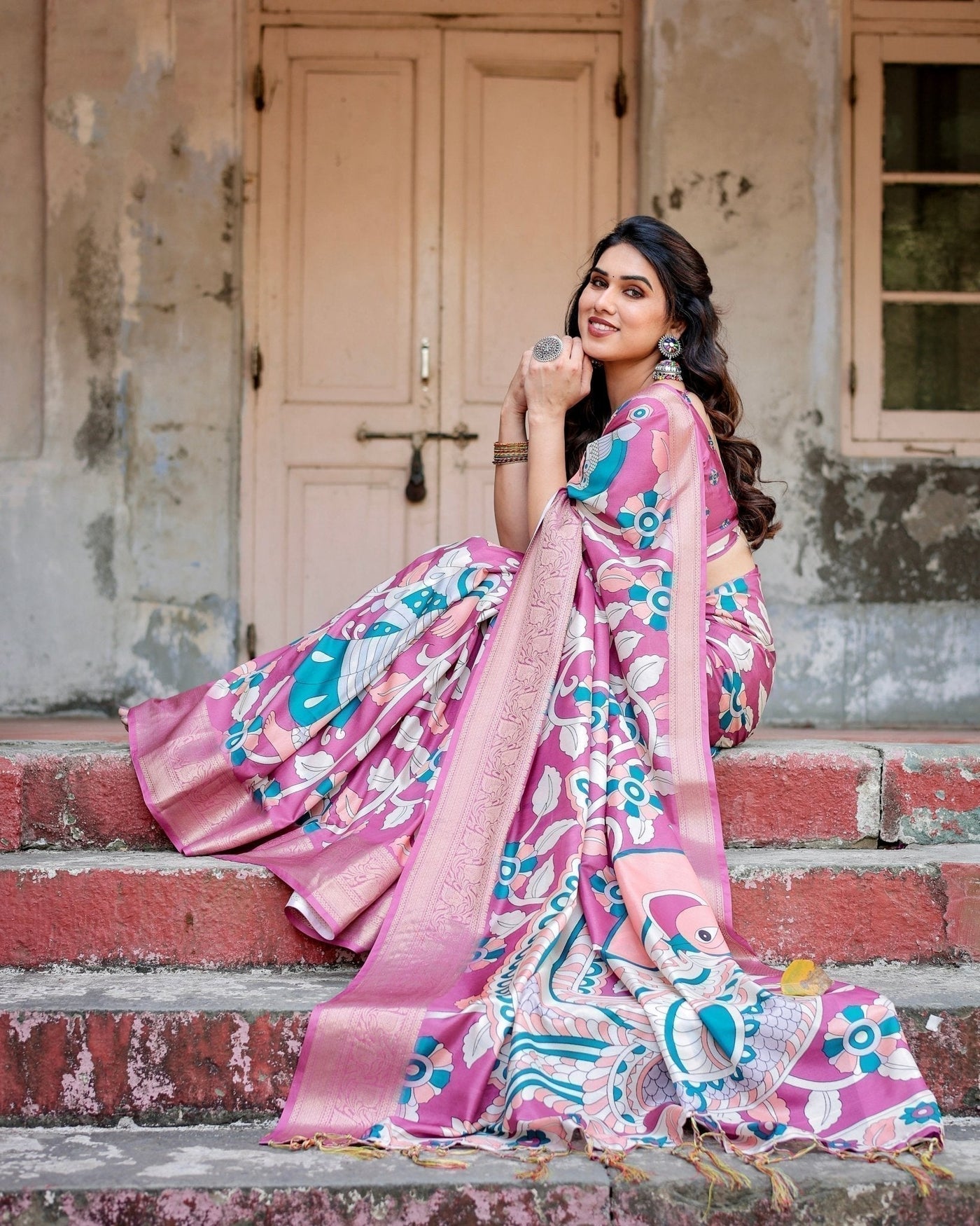 Blush Pink Tussar Silk Saree with Elegant Peacock and Floral Kalamkari Design