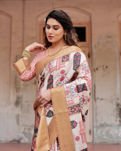 Ivory Tussar Silk Saree with Artistic Floral Motifs and Gleaming Golden Zari Border
