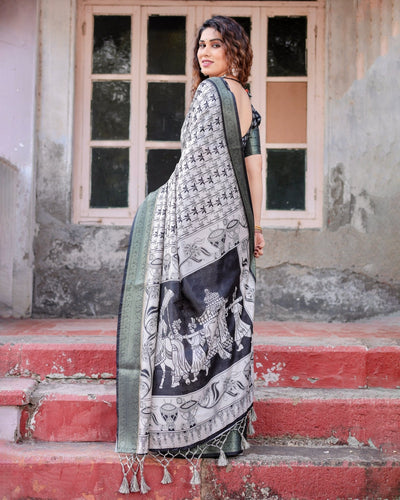 Monochrome White and Black Tussar Silk Saree with Tribal Art Motifs and Zari Border