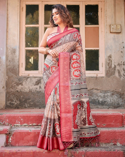Beige and Red Tussar Silk Saree with Traditional Motifs and Ornamental Zari Border