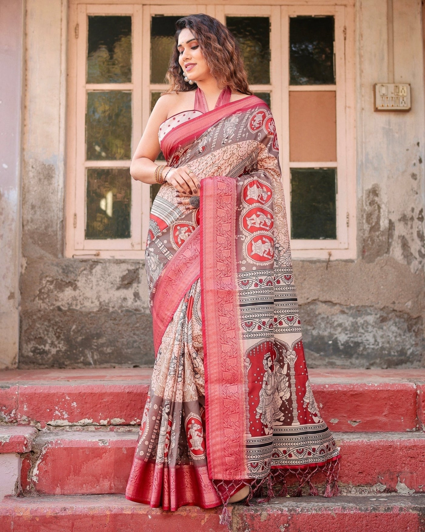 Beige and Red Tussar Silk Saree with Traditional Motifs and Ornamental Zari Border