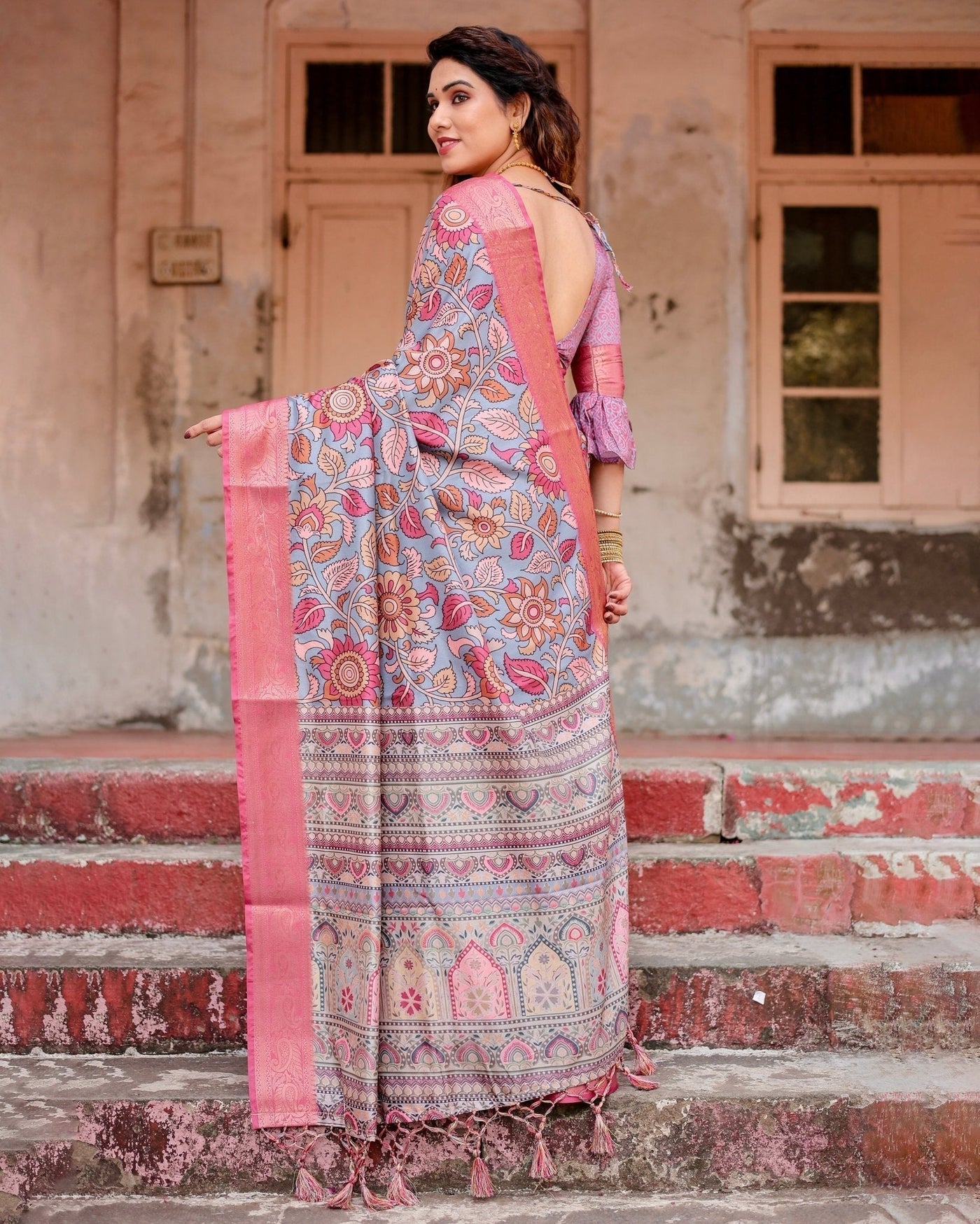 Graceful Grey Tussar Silk Saree with Pink Zari Border and Intricate Floral Motifs
