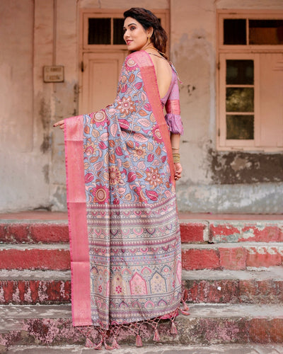 Graceful Grey Tussar Silk Saree with Pink Zari Border and Intricate Floral Motifs