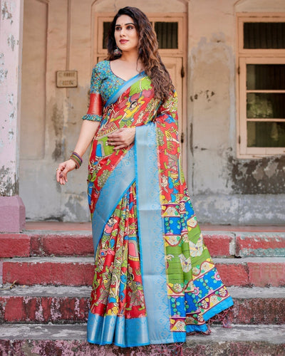 Multicolor Folk Art Inspired Digital Print Tussar Silk Saree with Sky Blue Zari Border