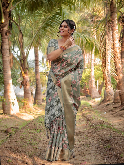 Graceful Olive Green Tussar Silk Saree with Intricate Beige and Maroon Botanical Print and Zari Border