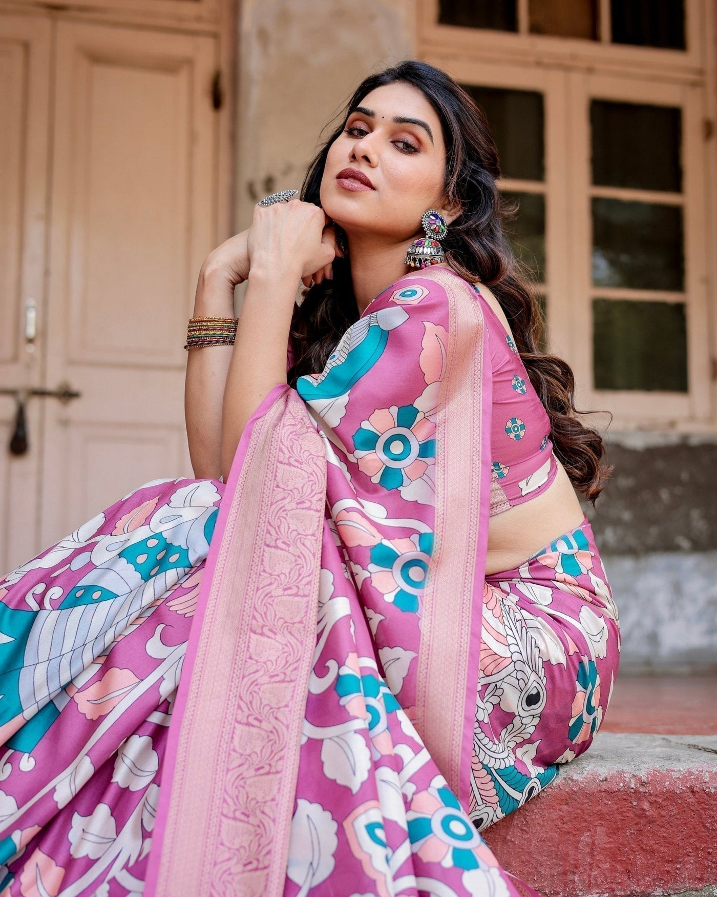 Blush Pink Tussar Silk Saree with Elegant Peacock and Floral Kalamkari Design