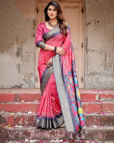 Crimson Red Tussar Silk Saree with Bandhani Patterns, Zari Border, and Vibrant Artistic Pallu