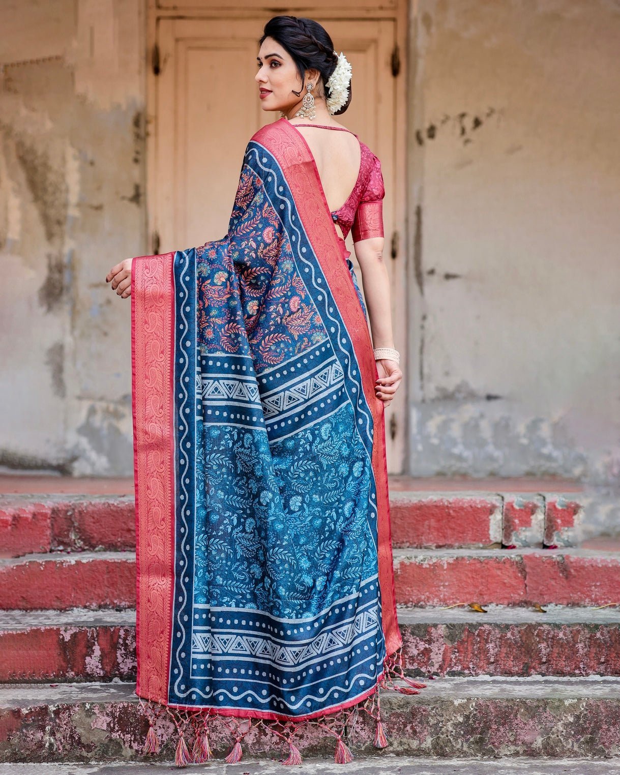 Teal Blue and Coral Tussar Silk Saree with Floral Weaves and Geometric Pallu
