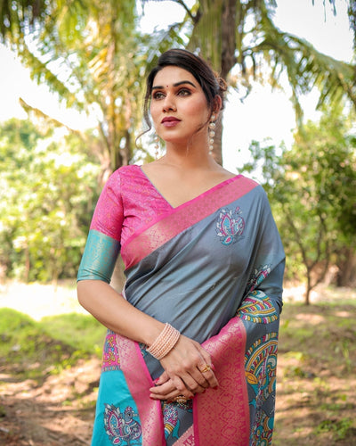 Pastel Grey and Turquoise Digital Print Tussar Silk Saree with Pink Zari Border and Peacock Motif Pallu