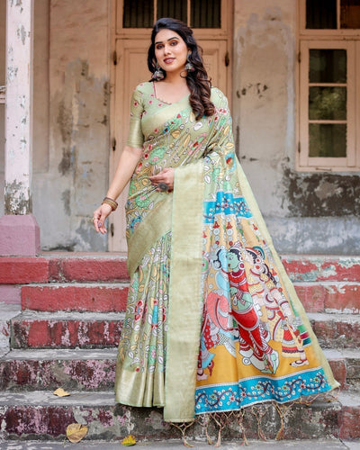 Pastel Green Tussar Silk Saree with Mythological Kalamkari Pallu and Zari Border