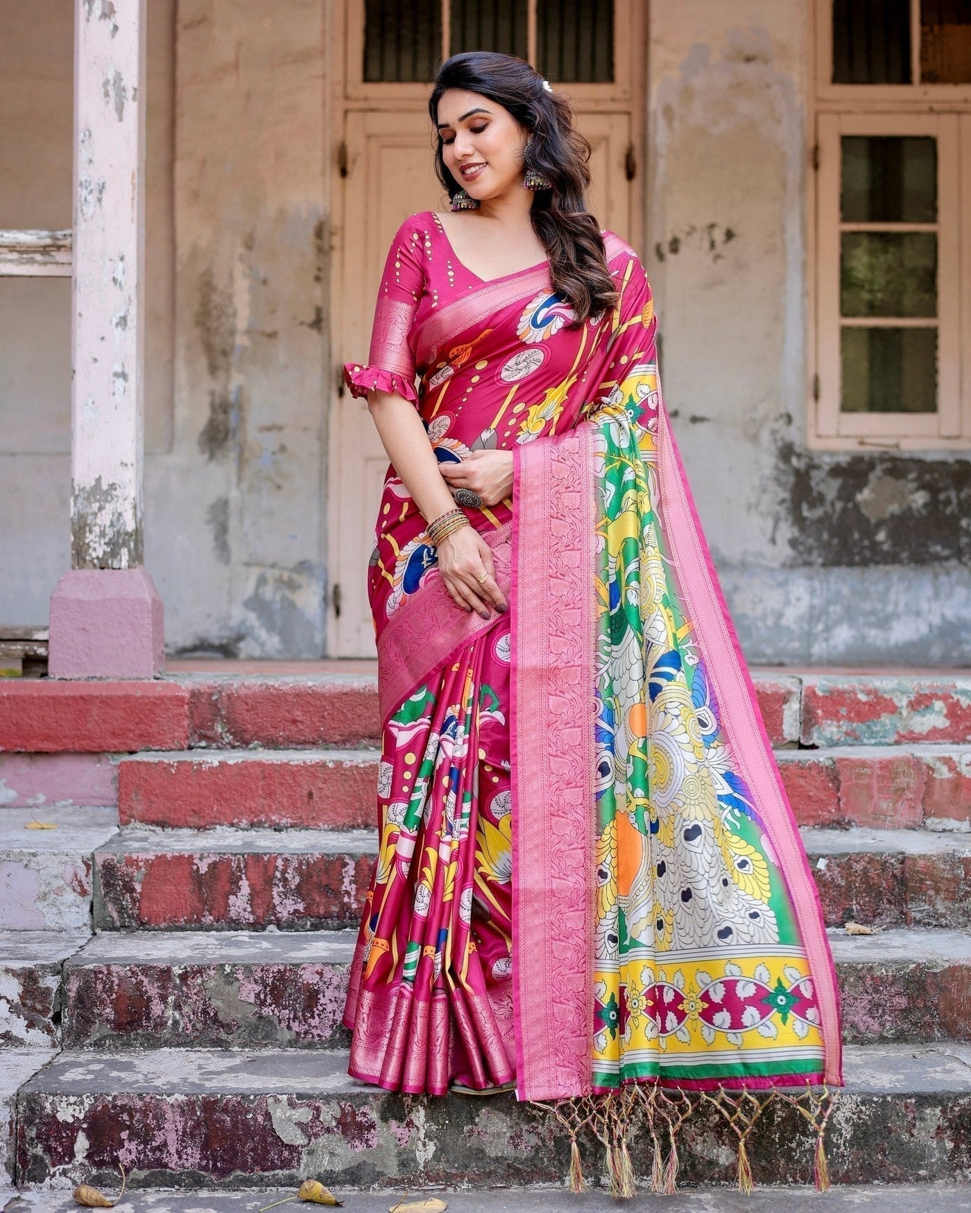 Magenta Tussar Silk Saree with Artistic Peacock & Floral Kalamkari Design
