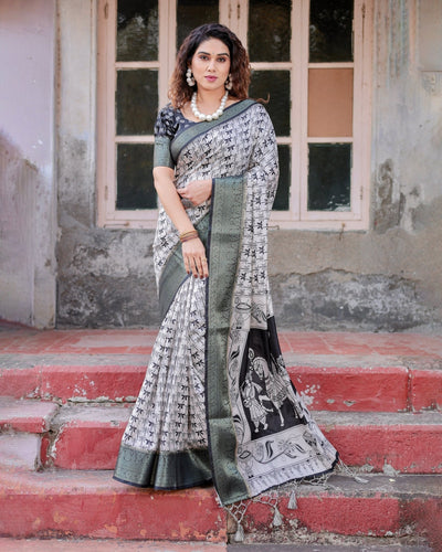Monochrome White and Black Tussar Silk Saree with Tribal Art Motifs and Zari Border