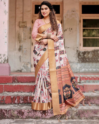 Ivory Tussar Silk Saree with Artistic Floral Motifs and Gleaming Golden Zari Border