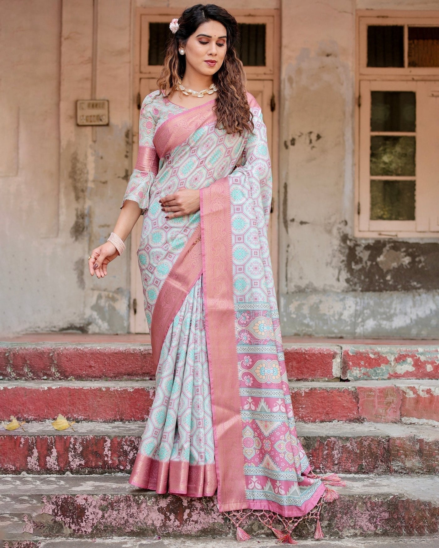 Pastel Pink and Mint Green Geometric Tussar Silk Saree with Zari Paisley Border