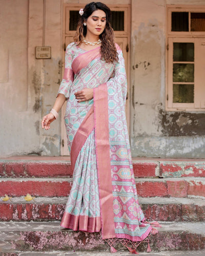 Pastel Pink and Mint Green Geometric Tussar Silk Saree with Zari Paisley Border