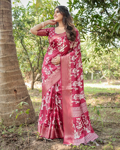 Maroon Tussar Silk Saree with White Floral Motifs, Intricate Zari Border, and Elegant Tassel Pallu