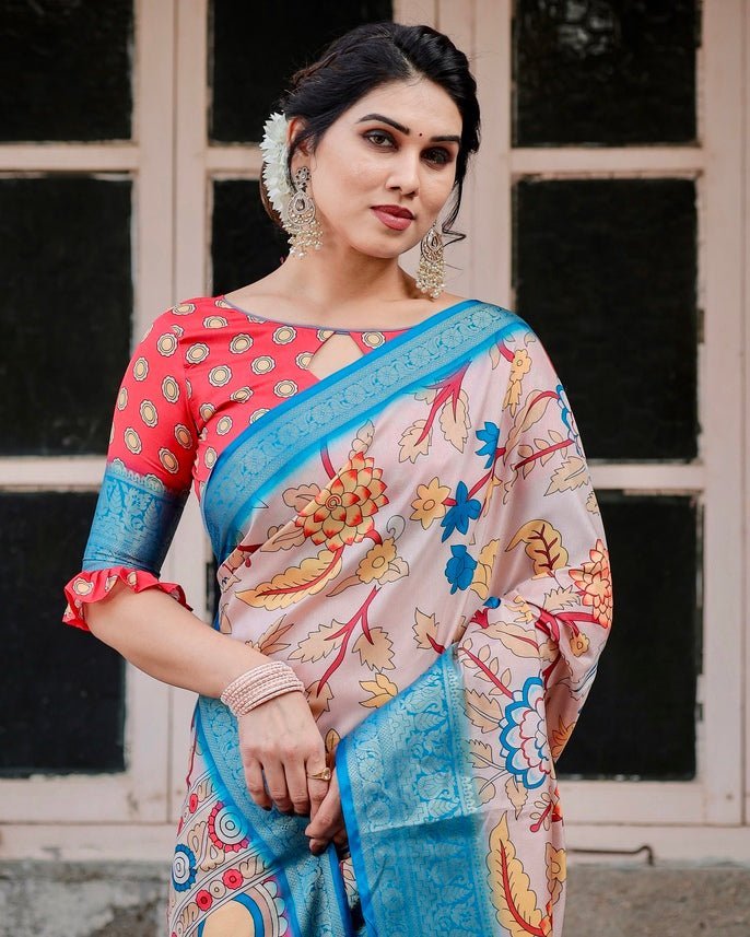Beige and Red Tussar Silk Saree with Divine Motifs and Floral Zari Border