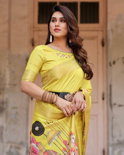Vibrant Yellow Tussar Silk Saree with Royal Procession Pallu and Zari Accents