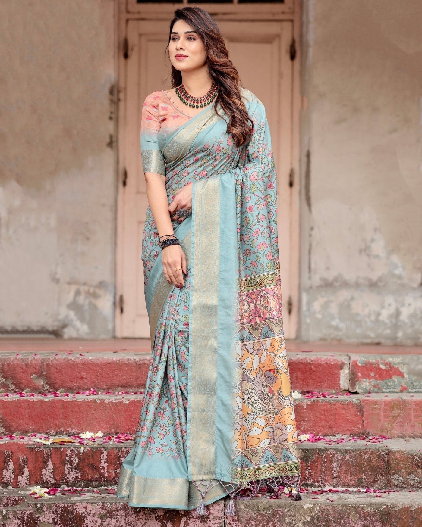 Sky Blue Tussar Silk Saree with Intricate Zari Border and Artistic Pallu Design
