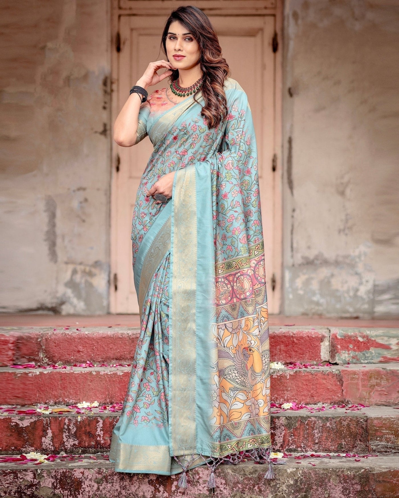 Sky Blue Tussar Silk Saree with Intricate Zari Border and Artistic Pallu Design