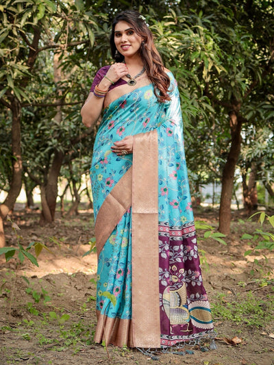 Aqua Blue Tussar Silk Saree with Floral Vine Design and Gold Zari Border